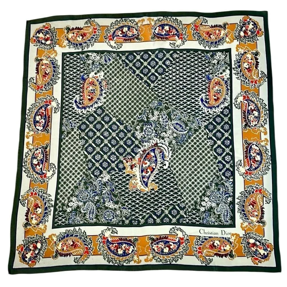 Christian Dior Silk Square Scarf Gray Paisley Hand Rolled Vintage 29x29”
